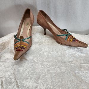 Prada Brown Suede Pointed Toe Heels with Multicolor Trim